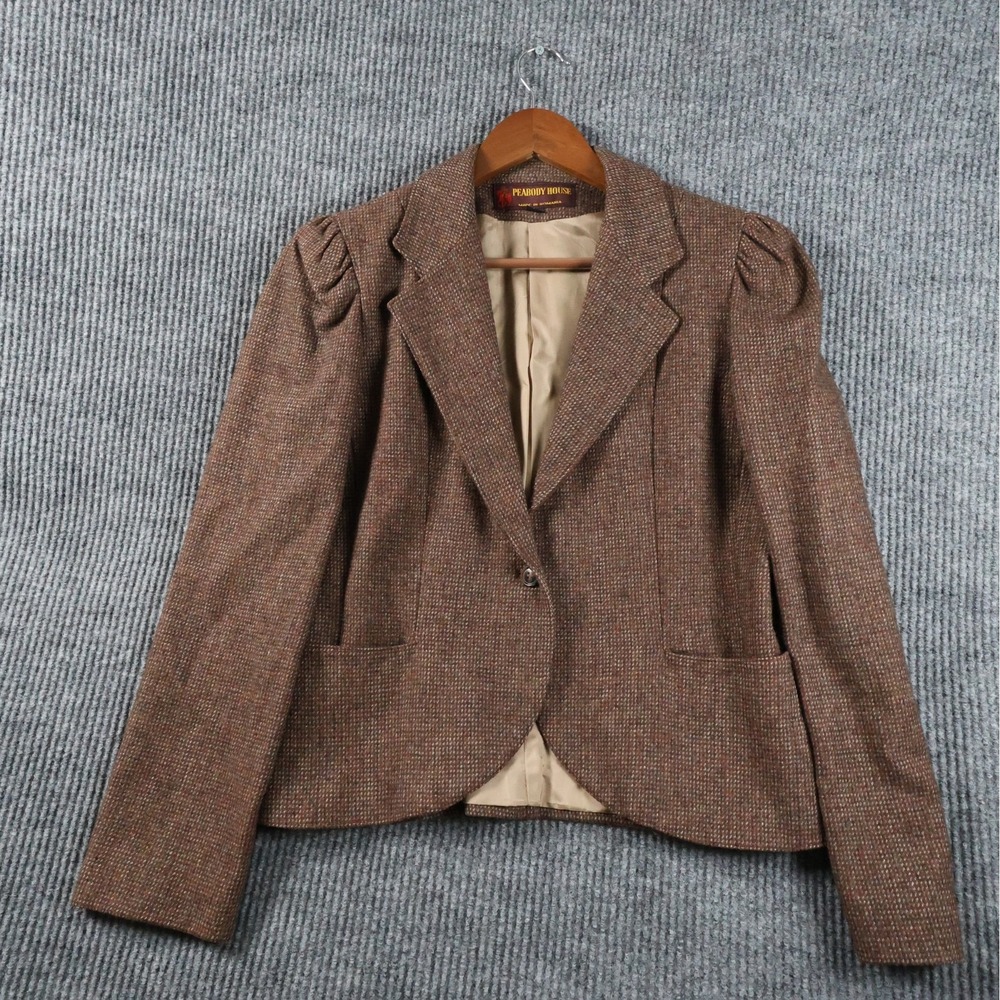 Vintage Peabody House Womens 13/14 Brown Tweed Wool Blazer 80s Puff Shoulder Top